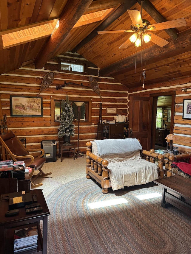 21454 US Highway 85, Lead, SD 57754 - carpeted bedroom with log walls and wood ceiling