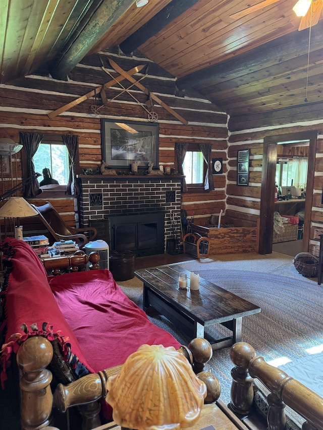 21454 US Highway 85, Lead, SD 57754 - living room with wooden ceiling, plenty of natural light, rustic walls, and a tile fireplace