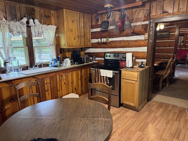 21454 US Highway 85, Lead, SD 57754 - kitchen featuring stainless steel range with electric cooktop, light wood finished floors, brown cabinetry, and wood ceiling