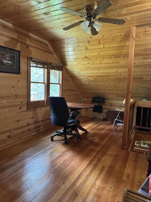 21454 US Highway 85, Lead, SD 57754 - home office featuring wooden ceiling, hardwood / wood-style flooring, vaulted ceiling, wood walls, and a ceiling fan