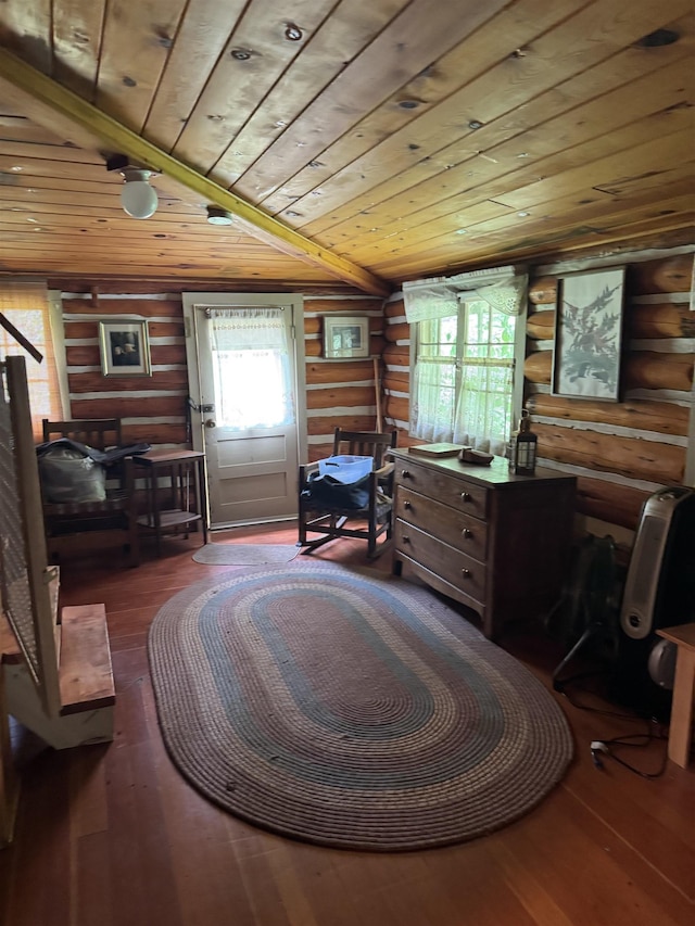 21454 US Highway 85, Lead, SD 57754 - living area featuring rustic walls, wooden ceiling, and wood-type flooring
