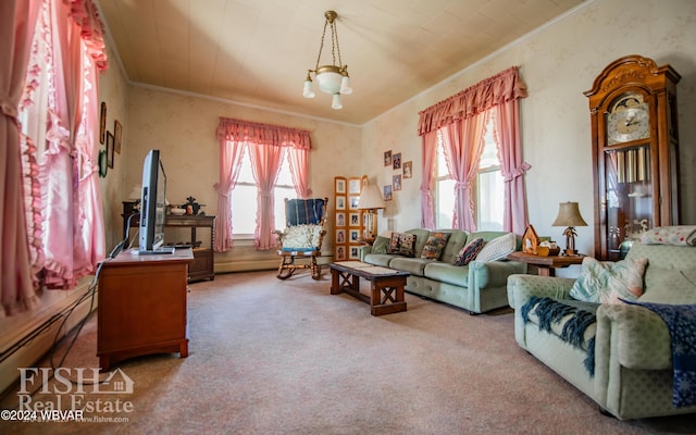 living room featuring carpet floors, crown molding, and a wealth of natural light