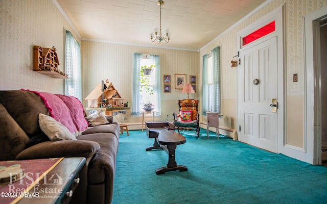 carpeted living room with baseboard heating, crown molding, and an inviting chandelier