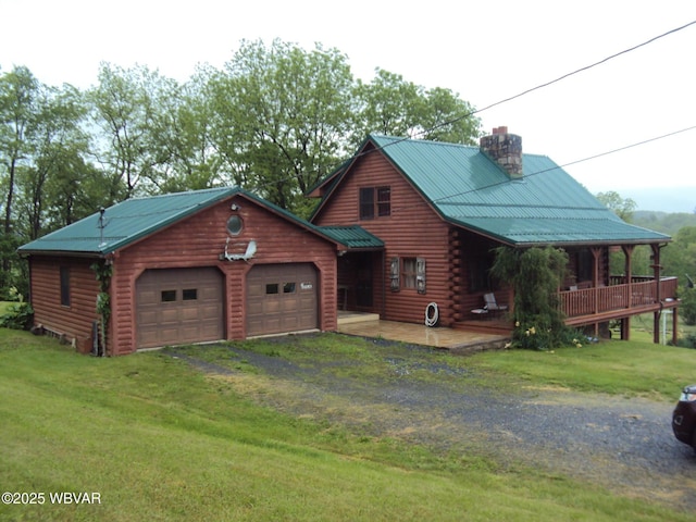 70 Berry Ln, Mill Hall, PA 17751 - log cabin featuring driveway, log siding, a front lawn, a chimney, and an attached garage