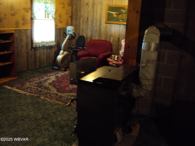 70 Berry Ln, Mill Hall, PA 17751 - living area featuring a wainscoted wall, wallpapered walls, wood walls, and carpet floors