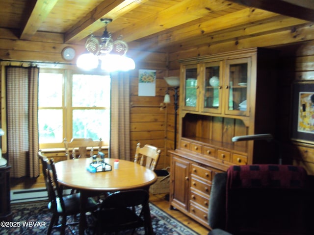 70 Berry Ln, Mill Hall, PA 17751 - dining room featuring wood ceiling with exposed beams, wooden walls, a baseboard heating unit, a chandelier, and wood finished floors