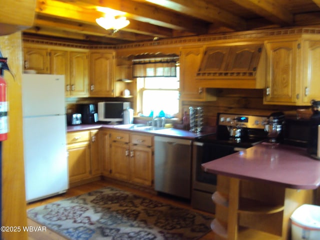 70 Berry Ln, Mill Hall, PA 17751 - kitchen featuring stainless steel appliances, a sink, premium range hood, beam ceiling, and brown cabinetry