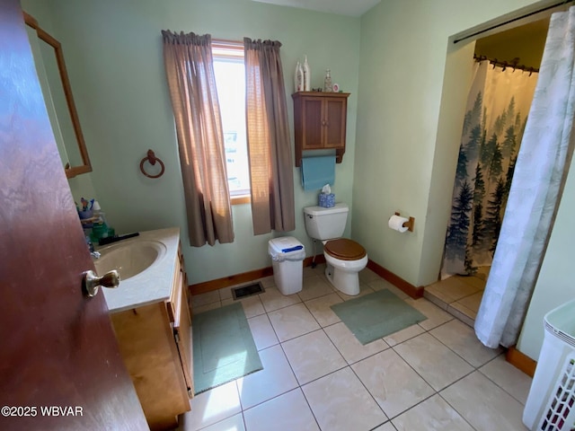 full bathroom featuring tile patterned floors, visible vents, toilet, and baseboards