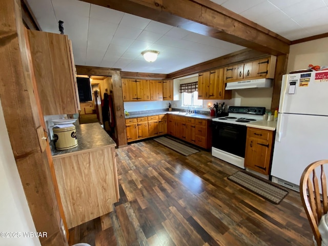 kitchen featuring range with electric cooktop, under cabinet range hood, brown cabinets, freestanding refrigerator, and dark wood-style flooring