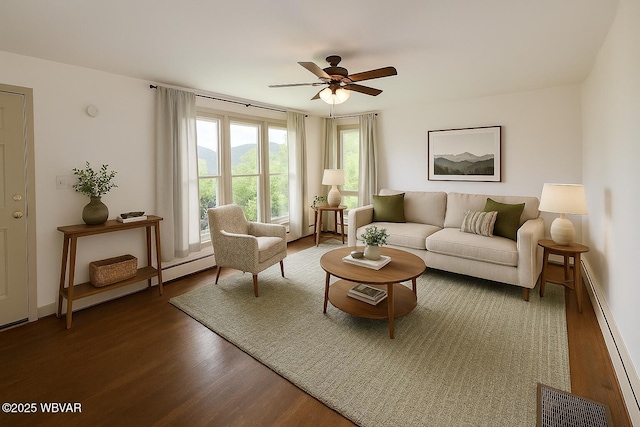 1964 Poco Farm Rd, Williamsport, PA 17701 - living room featuring wood finished floors, a baseboard radiator, ceiling fan, and baseboards
