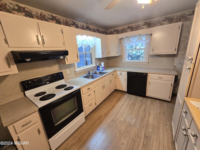 kitchen with white cabinetry, black dishwasher, ventilation hood, white range with electric cooktop, and light wood-type flooring