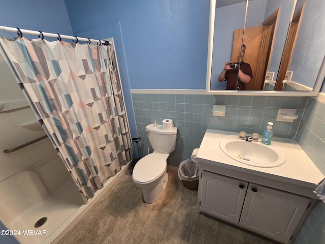 bathroom with hardwood / wood-style floors, toilet, curtained shower, and tile walls