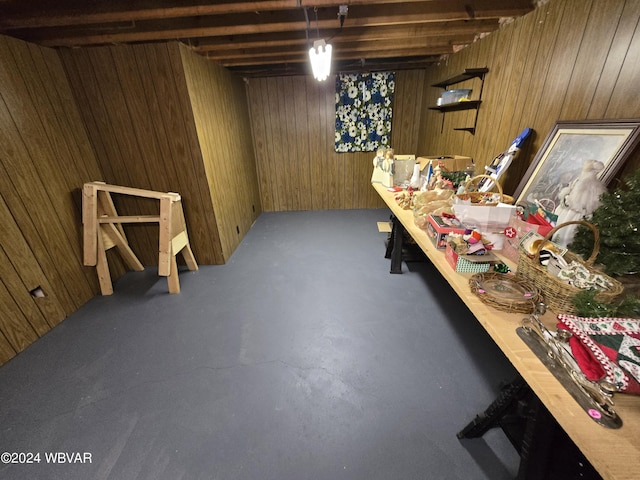 basement with wood walls