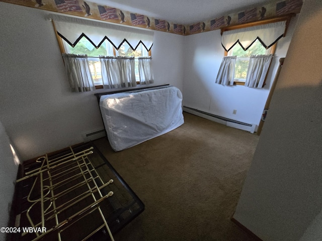 unfurnished bedroom featuring carpet, a baseboard radiator, and multiple windows