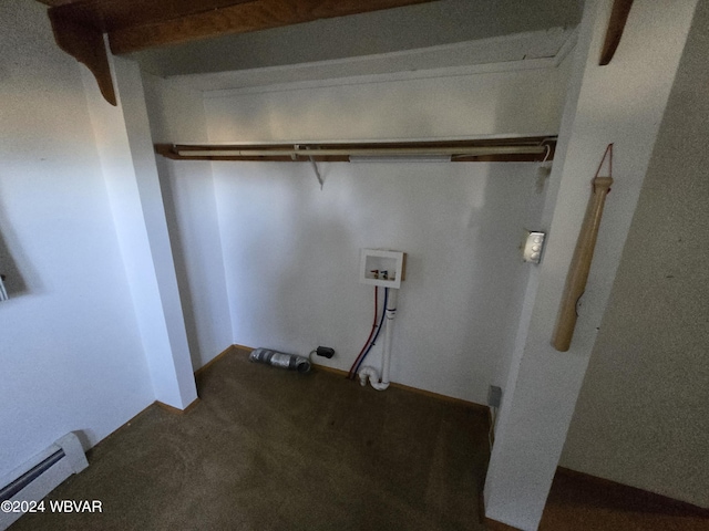 washroom with carpet flooring, hookup for a washing machine, and a baseboard heating unit