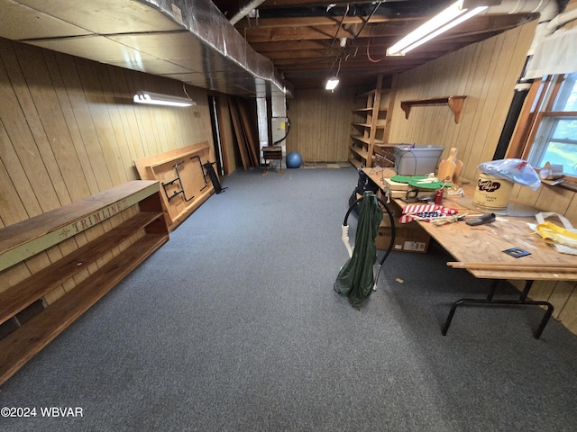 basement featuring carpet and wood walls