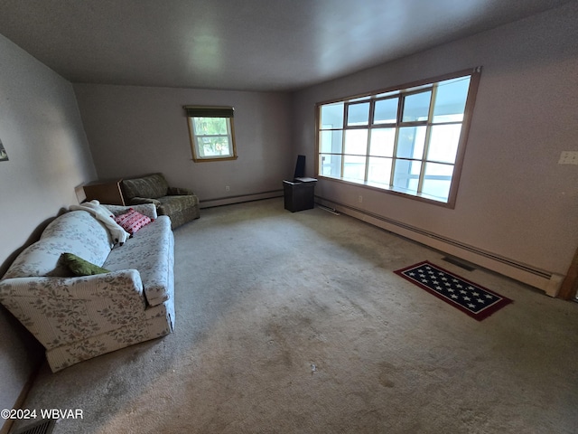 sitting room featuring carpet floors and a baseboard radiator