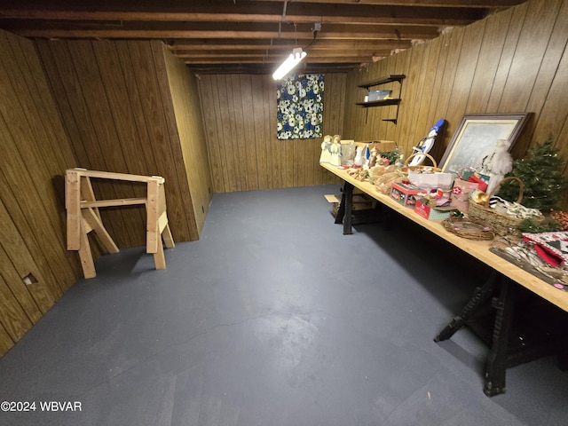 basement with wood walls