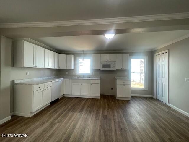 kitchen with white appliances, white cabinets, crown molding, and dark wood-style flooring