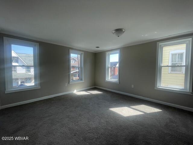 spare room with crown molding, baseboards, and dark colored carpet