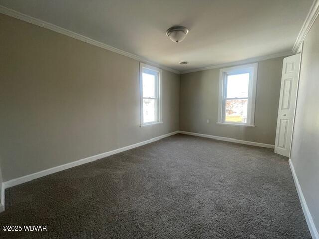 spare room with baseboards, dark carpet, and ornamental molding