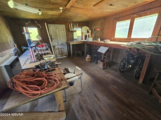 interior space featuring wooden ceiling, dark wood-type flooring, and wood walls