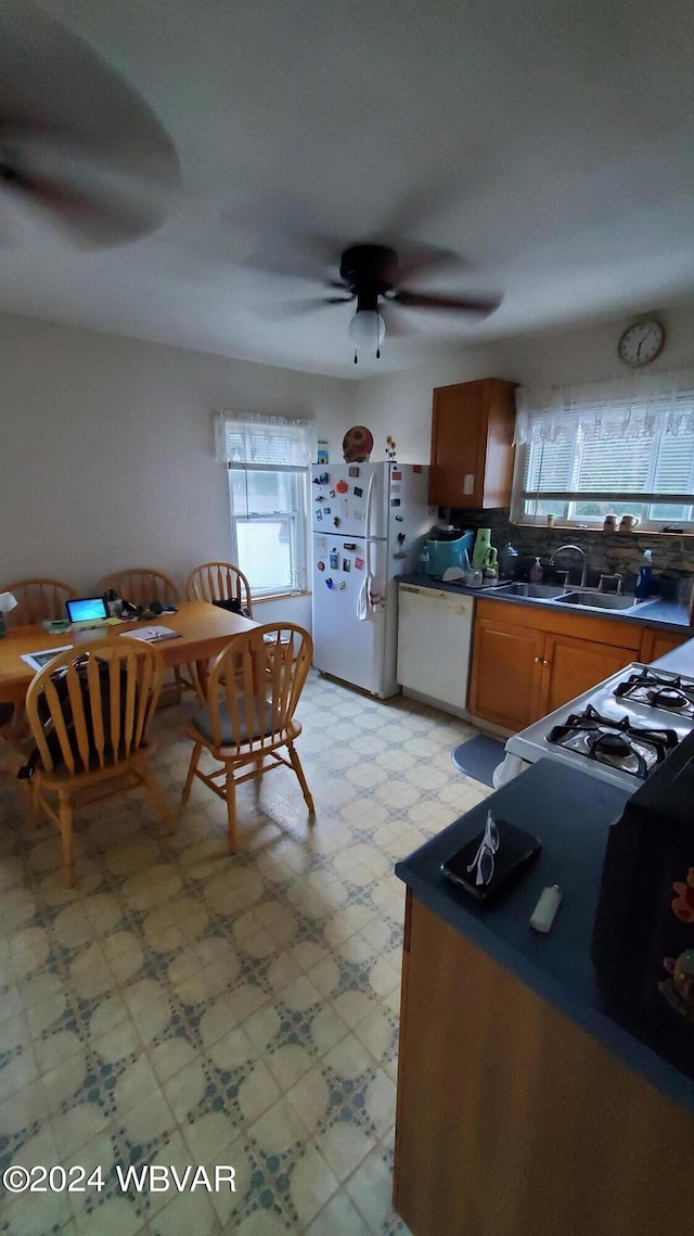 kitchen with a wealth of natural light, sink, ceiling fan, and white appliances