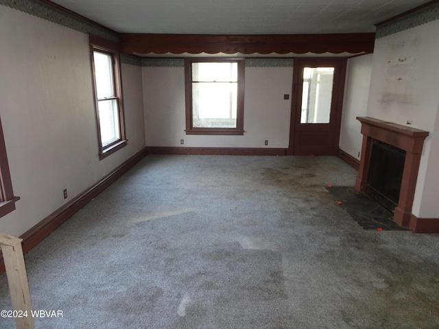5047 Blockhouse Rd, Liberty, PA 16930 - unfurnished living room with carpet and a fireplace with flush hearth