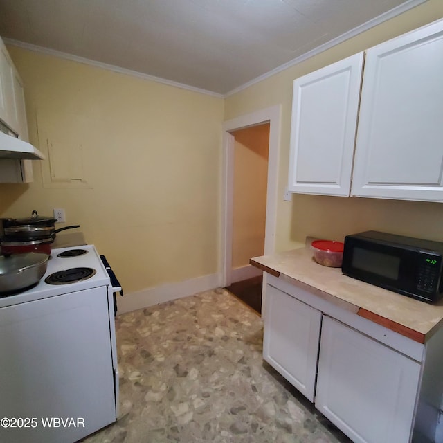 kitchen with ventilation hood, white cabinetry, ornamental molding, and white range with electric cooktop