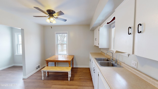 kitchen featuring ceiling fan, wood-type flooring, sink, and white cabinets