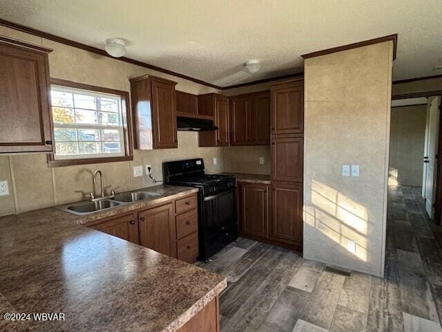 kitchen with dark hardwood / wood-style flooring, crown molding, sink, and black gas range oven