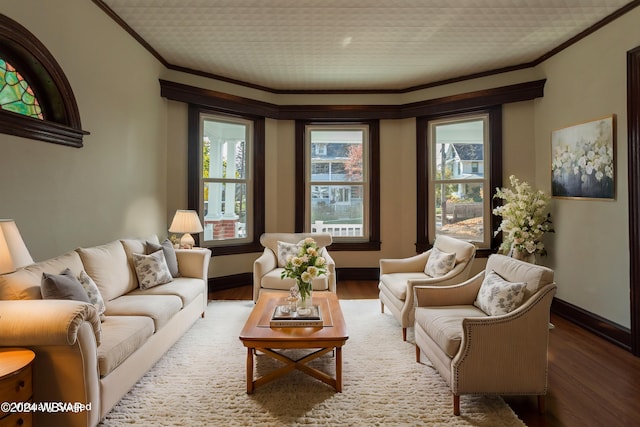 living room with wood-type flooring and ornamental molding