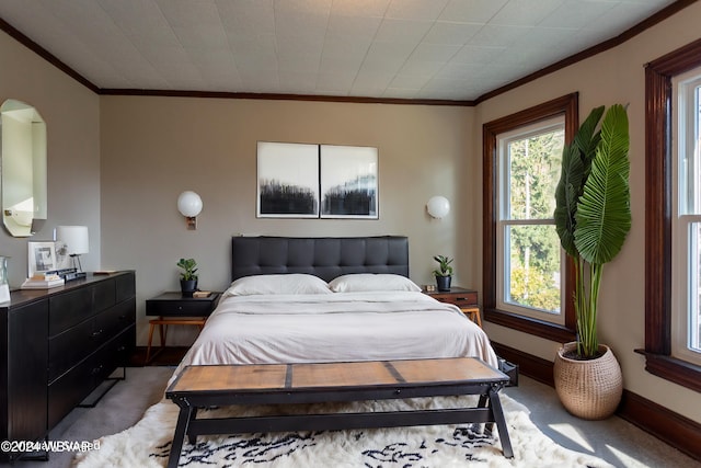 carpeted bedroom with crown molding