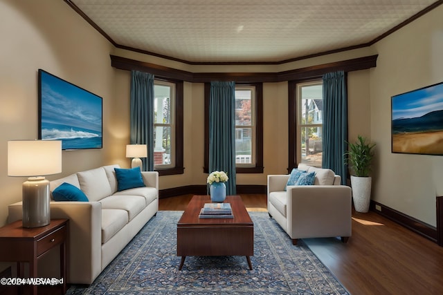 living room featuring ornamental molding and dark wood-type flooring