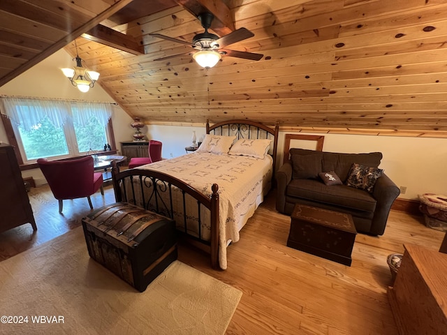 bedroom with lofted ceiling with beams, light hardwood / wood-style floors, wood ceiling, and ceiling fan with notable chandelier