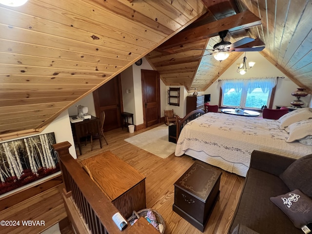 bedroom featuring hardwood / wood-style floors, ceiling fan, lofted ceiling, and wooden ceiling