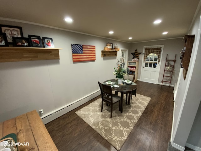 699 James St, Lock Haven, PA 17745 - dining room featuring baseboard heating, crown molding, recessed lighting, dark wood finished floors, and baseboards