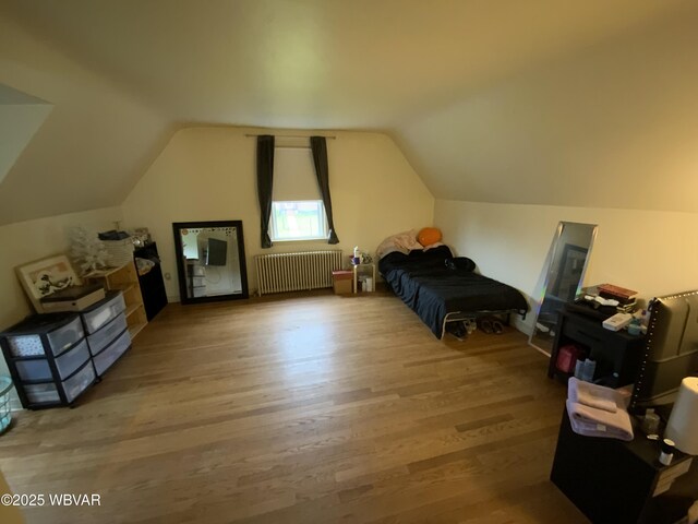699 James St, Lock Haven, PA 17745 - bedroom with radiator, wood finished floors, and vaulted ceiling