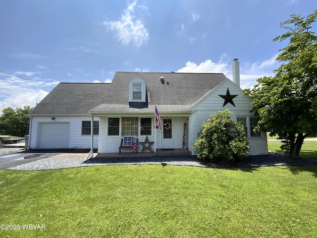 699 James St, Lock Haven, PA 17745 - cape cod house featuring a garage, a porch, a front lawn, and a shingled roof