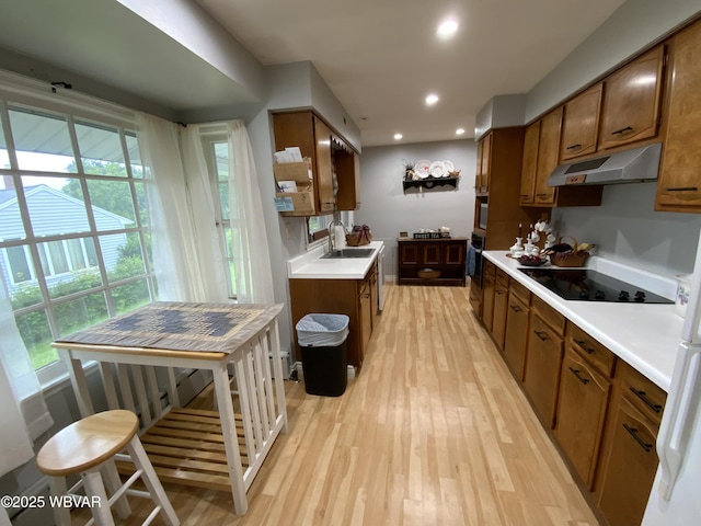699 James St, Lock Haven, PA 17745 - kitchen featuring under cabinet range hood, a sink, black electric cooktop, wall oven, and light wood-style floors