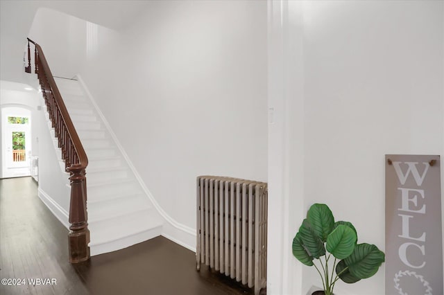 stairway with hardwood / wood-style flooring and radiator heating unit