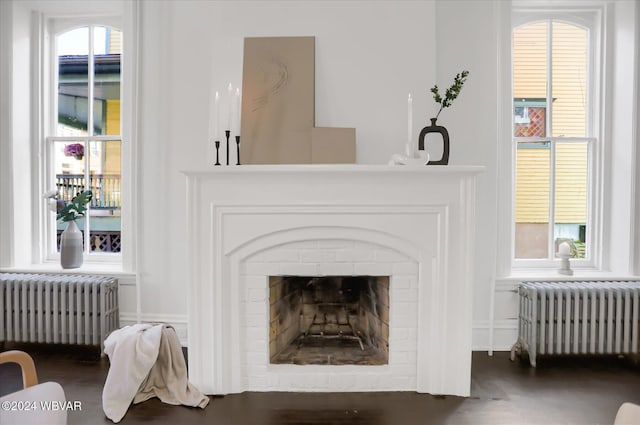 details with radiator, a fireplace, and wood-type flooring