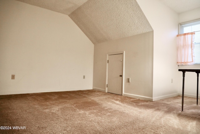 interior space with a textured ceiling, carpet floors, and vaulted ceiling