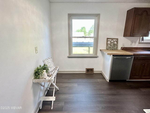 1420 Richards Ave, Williamsport, PA 17701 - kitchen with stainless steel dishwasher, healthy amount of natural light, dark wood-style floors, and dark brown cabinets
