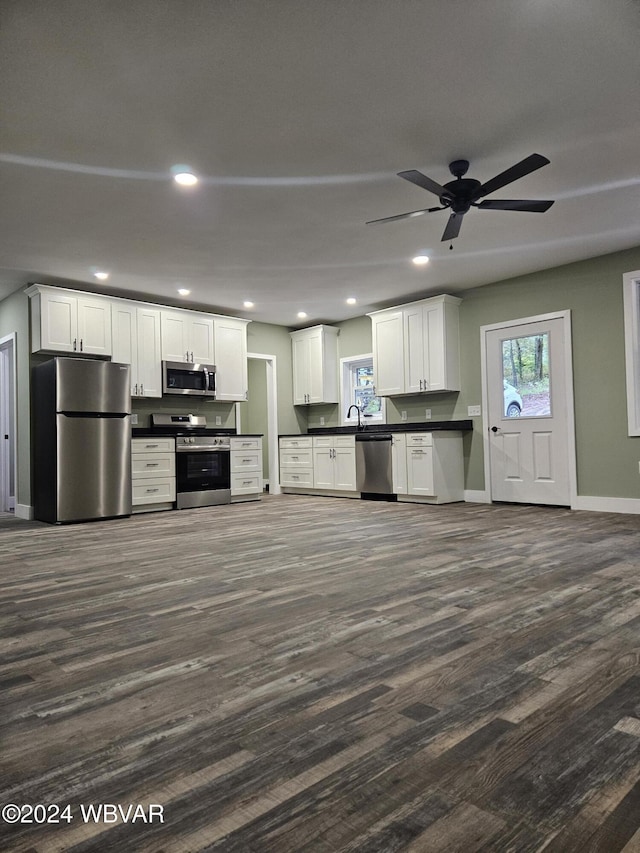 kitchen with white cabinetry, ceiling fan, sink, dark hardwood / wood-style flooring, and appliances with stainless steel finishes