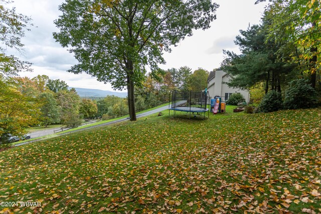 view of yard with a mountain view and a trampoline