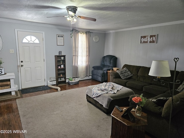 225 Pickwick St, Mill Hall, PA 17751 - living room with wood finished floors, a ceiling fan, a baseboard heating unit, crown molding, and a textured ceiling