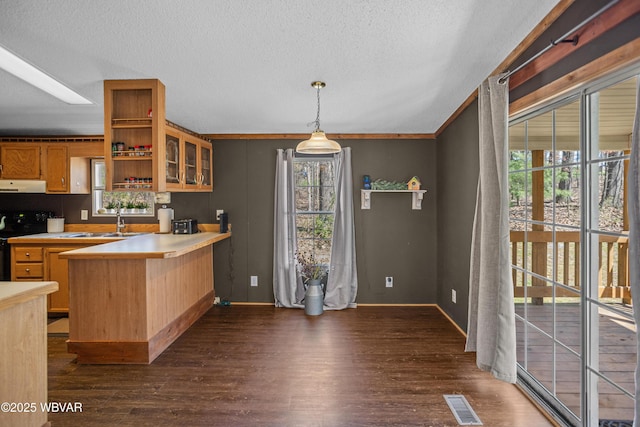 kitchen featuring a peninsula, dark wood-type flooring, under cabinet range hood, visible vents, and black range with electric stovetop