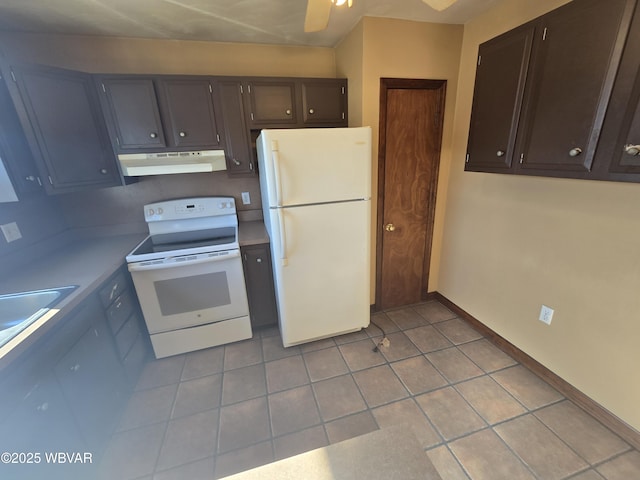 kitchen featuring ceiling fan, light tile patterned floors, sink, and white appliances