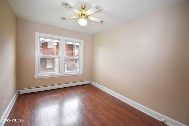 spare room featuring dark hardwood / wood-style floors, baseboard heating, and ceiling fan